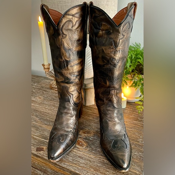 Vintage Dan Post Womens 8.5M Leather Cowboy Boots Snip Toe Metallic Bronze Brown - Picture 3 of 9
